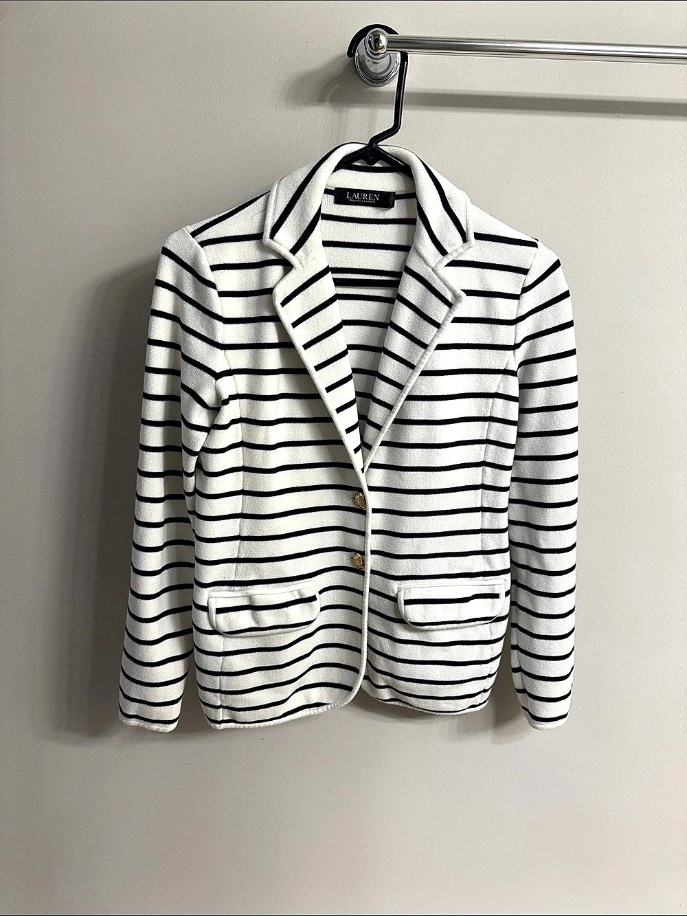EUC Lauren Ralph Lauren Cotton-Blend Stripe Knit Blazer White & Black Small